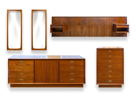 Mid Century Modern Danish Highboy, Credenza, Headboard, and Pair of Mirrors: A mid century modern Danish teak wood bedroom set. An amazing bedroom set featuring a highboy dresser, a credenza, a pair of matching mirrors, and a queen headboard. The highboy dresser features 7 pul