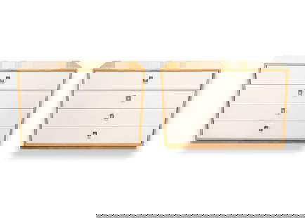 Jack Cartwright Birch Wood Dressers for Founders Furniture Mid Century Modern: A pair of Jack Cartwright birch wood dressers for Founders Furniture. A cute set of dressers featuring a full birch wood construction, a semi gloss finish, and four equally sized pull out white dresse