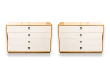 Jack Cartwright Birch Wood Dressers for Founders Furniture Mid Century Modern: A pair of Jack Cartwright birch wood dressers for Founders Furniture. A cute set of dressers featuring a full birch wood construction, a semi gloss finish, and four equally sized pull out white dresse