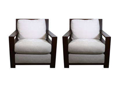 Contemporary Modern Pair of Ted Boerner Portrait Club Chairs: These Ted Boerner Portrait Club Chairs offer a classic yet modern look that will elevate any room. The chairs feature a comfortable, upright postured back with a tight seat cushion upholstered in a wh