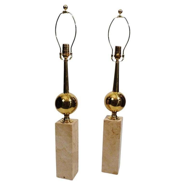 Art Deco Style Pair of Travertine & Brass Barbier Style Lamps Hollywood Regency (1 of 6)