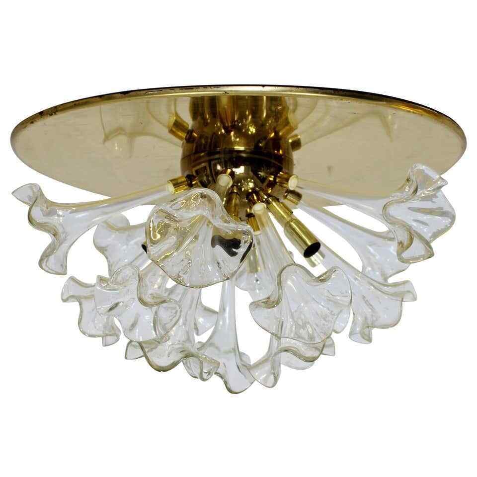 Modern Murano Italy Handblown Glass Flowers Brass Pendant Light Fixture 70s (1 of 8)