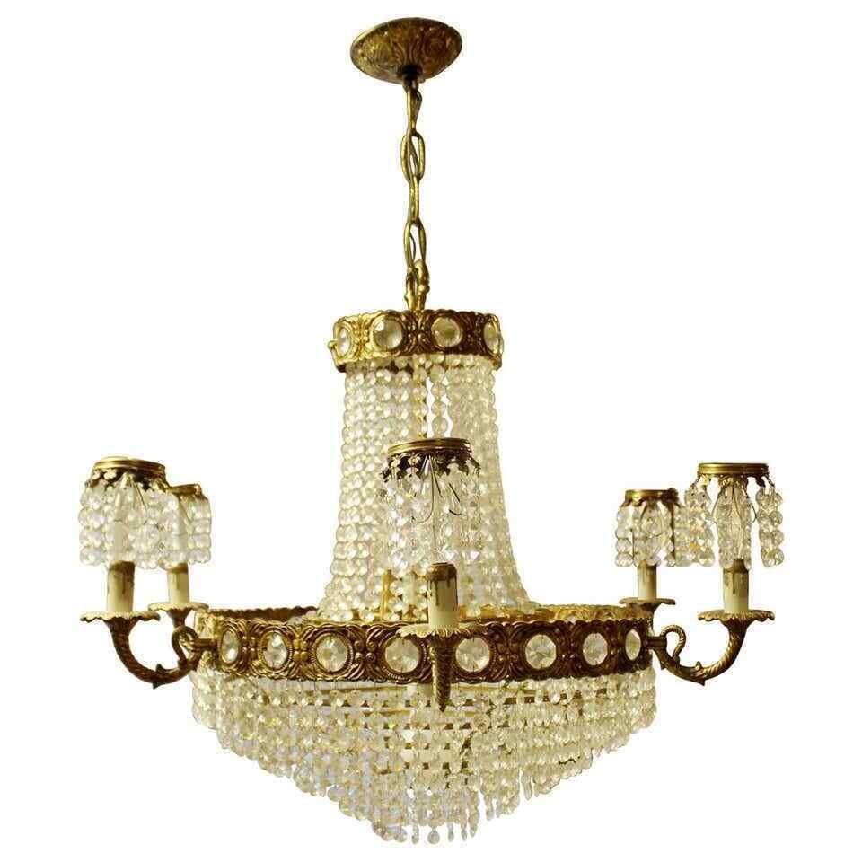 Mid Century Modern Hollywood Regency 6 Arm Brass Crystal Chandelier Fixture (1 of 9)