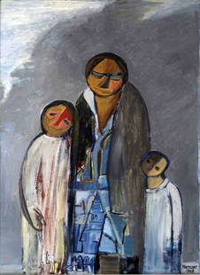 Ber Warzager Signed Mother and Two Children Expressive Figurative Oil Painting Canvas Framed 1960: An introspective modern expressive figurative oil painting on canvas titled "Mother and Two Children" by Polish artist Ber Warzager. Signed and dated 1960 on the bottom right. A sentimental artwork of