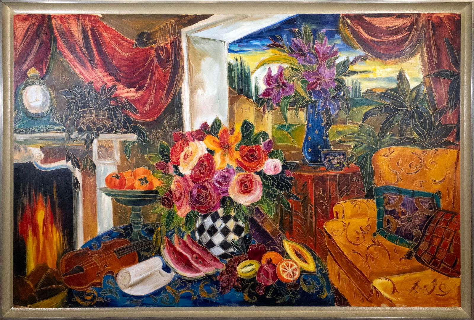 Maya Eventov Signed Contemporary Impressionist Still Life Oil Painting on Canvas Framed 1990s (1 of 12)