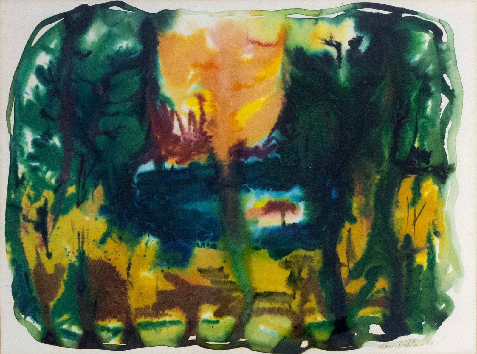Louis Redstone Signed Expressive Landscape Vintage Modern Watercolor on Paper Framed 1966: An expressive vintage modern watercolor on paper by Louis Redstone. Hand signed bottom right and dated 1966. An energetic depiction of a landscape in bright, joyful . Louis Redstone was one of Michiga
