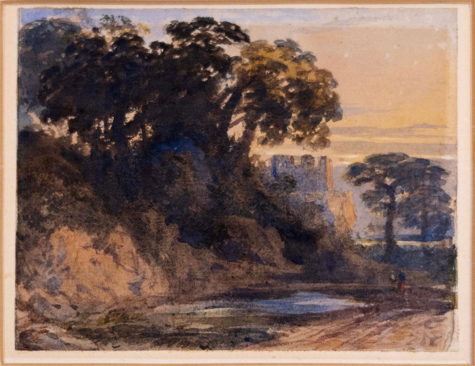 John Varley Antique English Landscape Watercolor on Paper Framed 1800s: A tranquil and peaceful watercolor on paper depicting a landscape with a fortress by English artist John Varley. Circa early 1800s. According to the Encyclopaedia Britannica Eleventh Edition, "Varley'