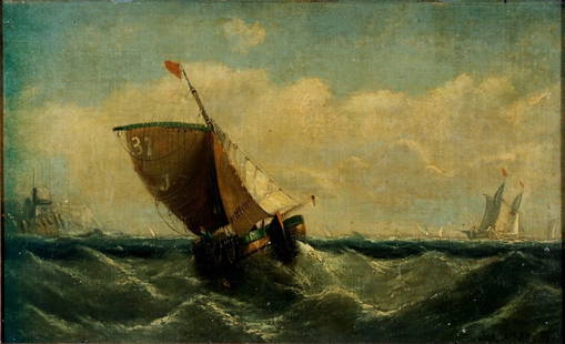 James Webb 19th Century Oil Painting on Board Ship at Sea Framed: A rare and historic 19th century oil painting on board depicting a ship at sea marked "37" on the sail by British painter James Webb. Verso annotated "purchased by Geisler Galleries from London Museum