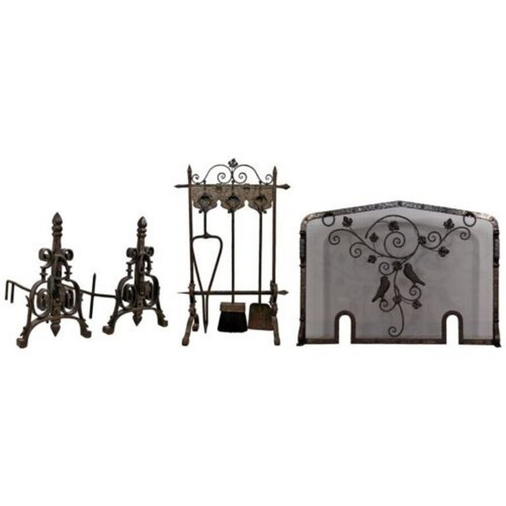 French Art Deco Hand Forged Wrought Iron Andiron Fireplace Tool Set and Screen (1 of 16)