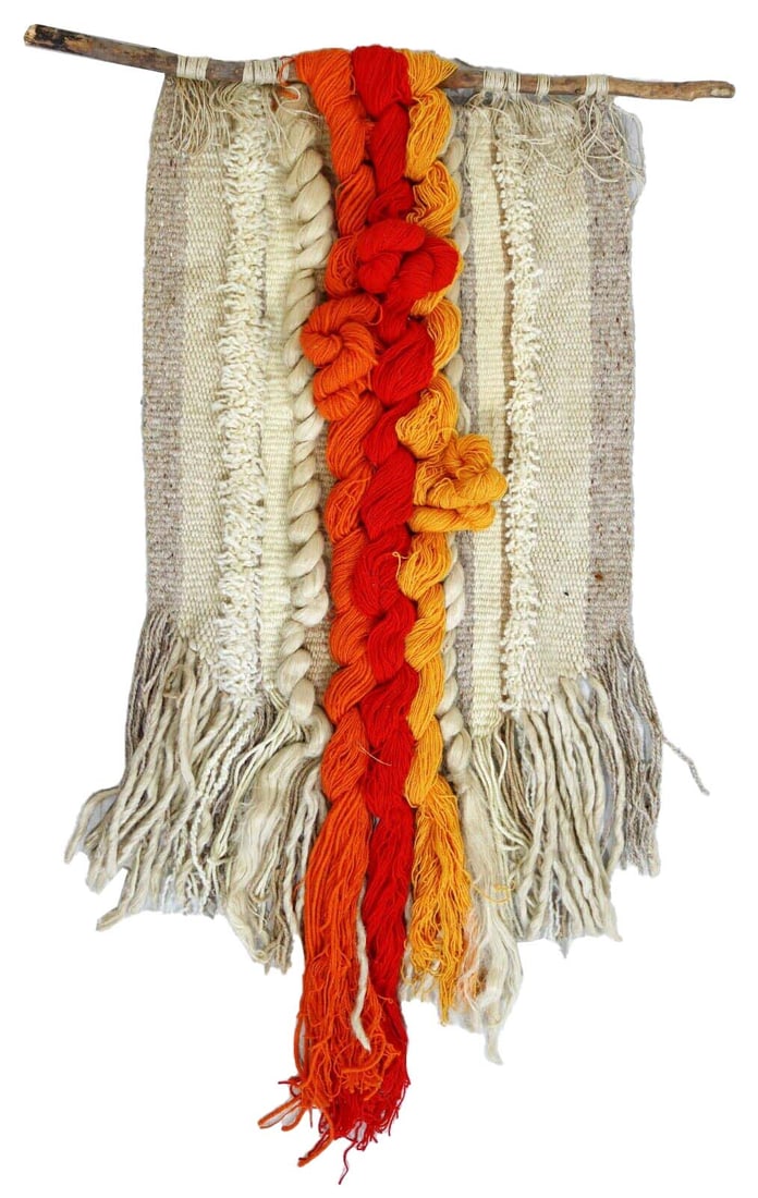 Mid Century Modern Yarn Wool Tapestry Orange Red Yellow Fiber Art Sculpture Wood (1 of 5)