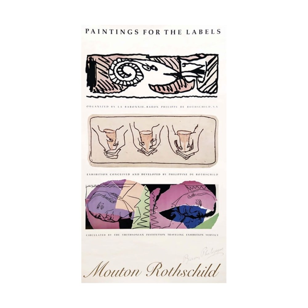 Mouton Rothschild by Warhol, Moore, Alechinsky Paintings for Labels Vintage Poster 1984: A rare and original vintage exhibition poster titled "Paintings for the Labels" for Mouton Rothschild. Published in 1984. Organized by La Baronnie, Baron Philippe de Rothschild, S.A. Exhibition Concei