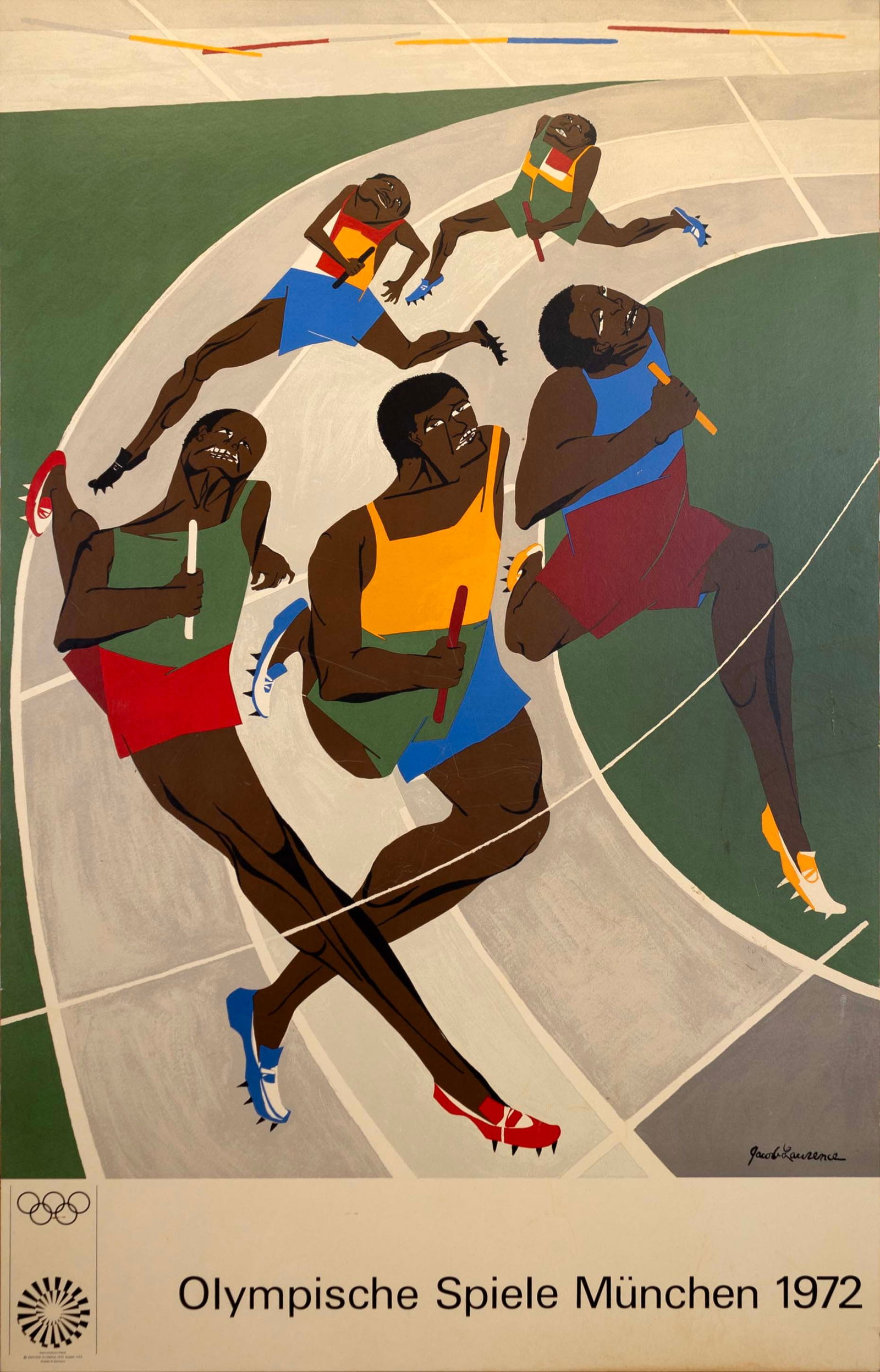 Jacob Lawrence The Runners Original Vintage Olympic Screenprint Poster Munich 1972 Framed: A piece of Olympia history; an original vintage Olympic screenprint poster from Munich in 1972. Art by Jacob Lawerence and titled "The Runners." A bold and modern design. Copyright Olympia 1972 GmbH,