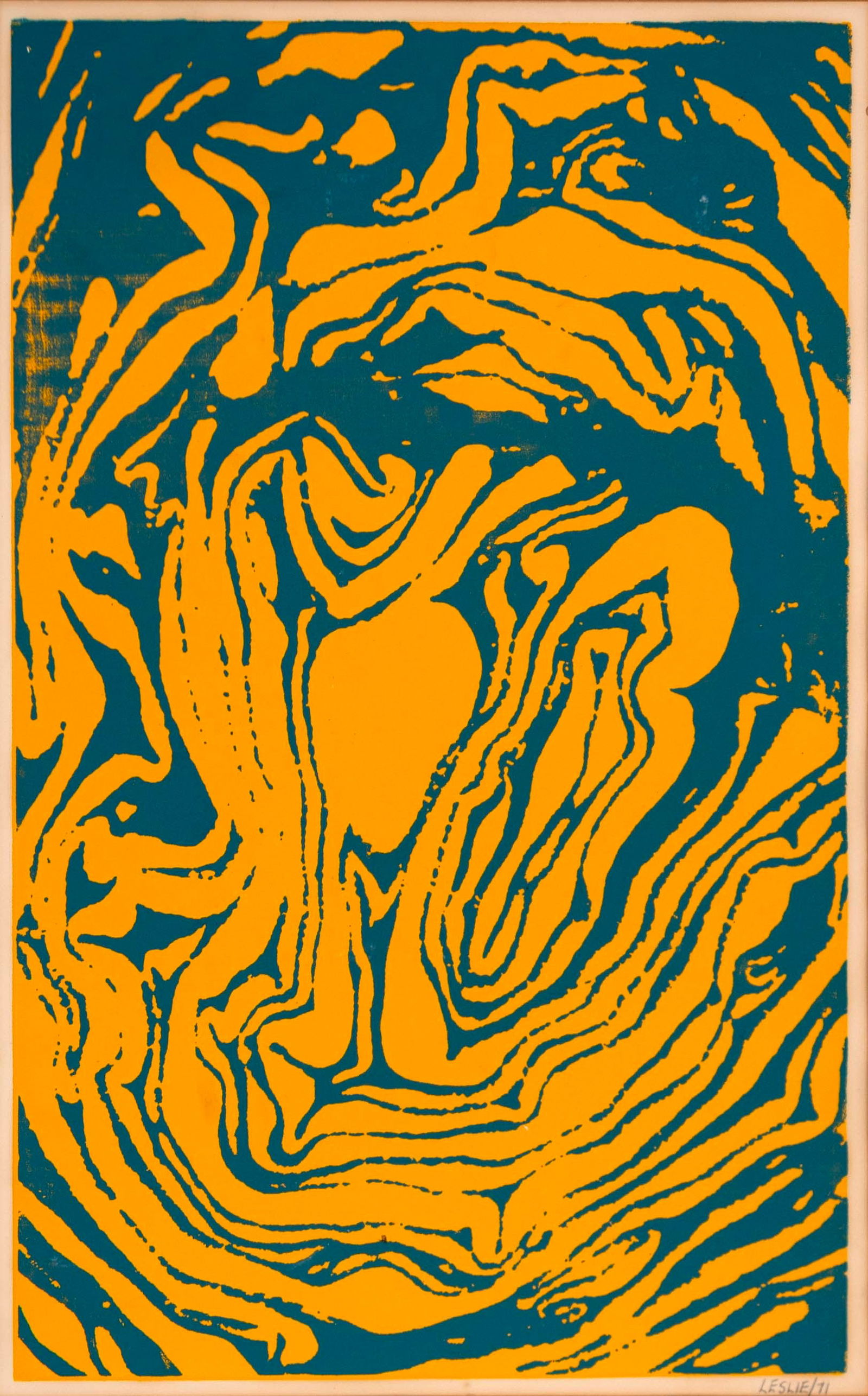 Mid Century Modern Gold & Teal Swirl Vintage Serigraph Print on Paper Signed Leslie 1971 (1 of 9)