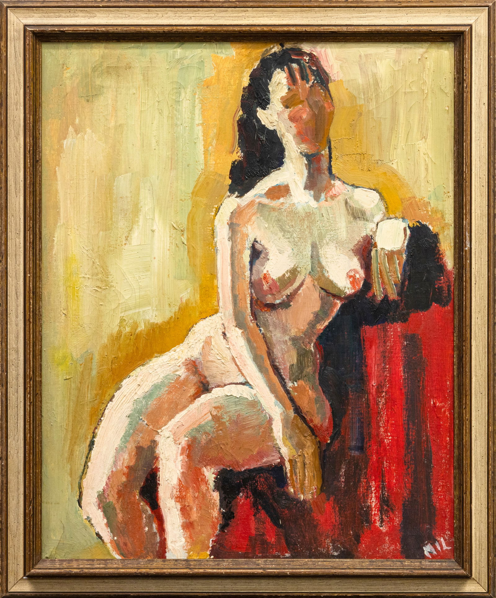 Mid Century Modern Impressionist Female Nude Signed Vintage Oil Painting on Canvas Framed: A romantic mid-century modern impressionist oil painting on canvas depicting a female nude form. Signed bottom right. Warm tones and expressive brushstrokes make this a dynamic painting within a moder
