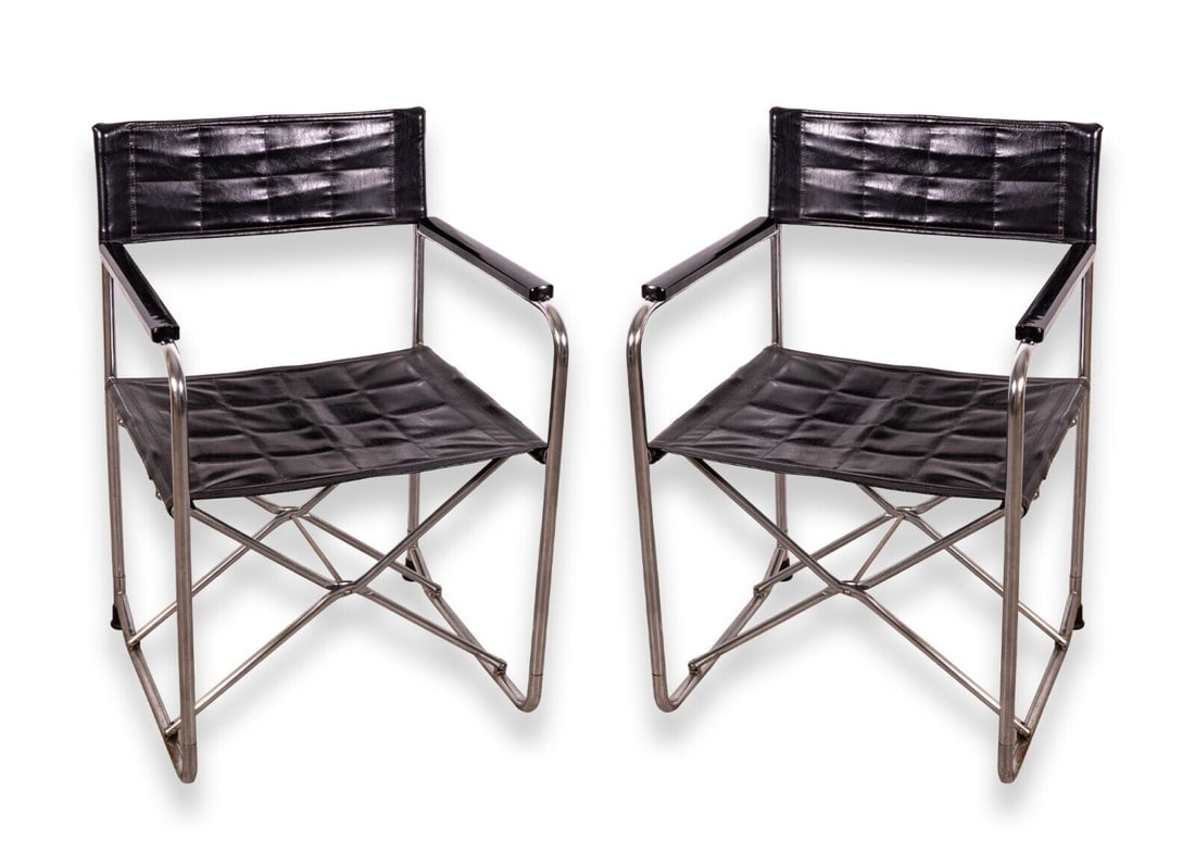 Mid Century Modern Pair of Folding Leather and Chrome Italian Director Chairs (1 of 12)