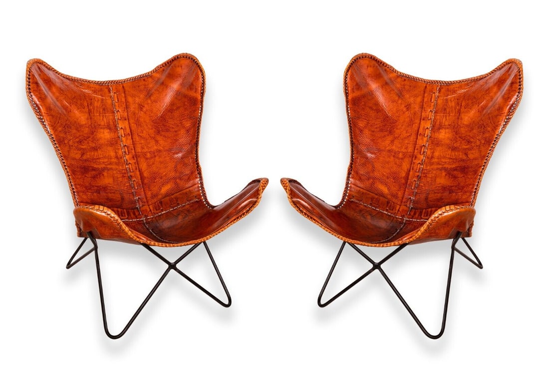 Mid Century Modern Style Pair of Rustic Leather Butterfly Accent Chairs (1 of 10)