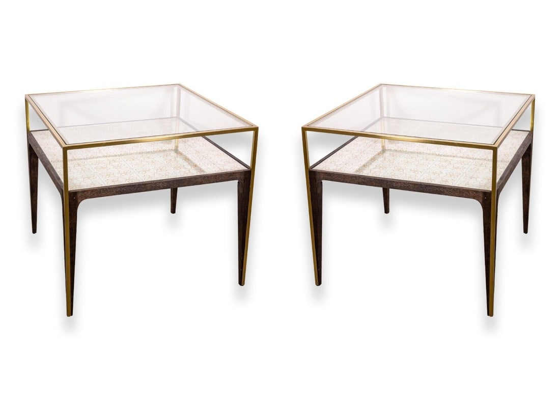 Mid Century Modern Style Pair of Arhaus Square Glass Wood Brass Side End Tables (1 of 8)