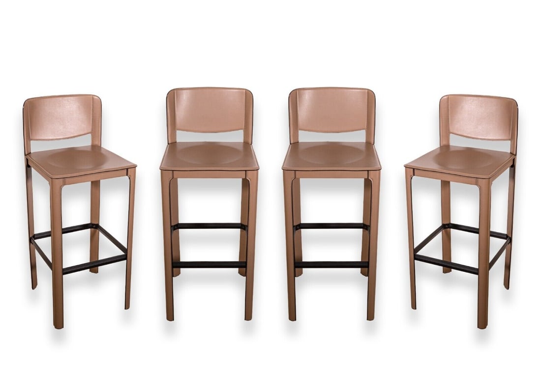 Matteo Grassi Set of 4 1970s Post Modern Beige Italian Leather Barstools (1 of 13)