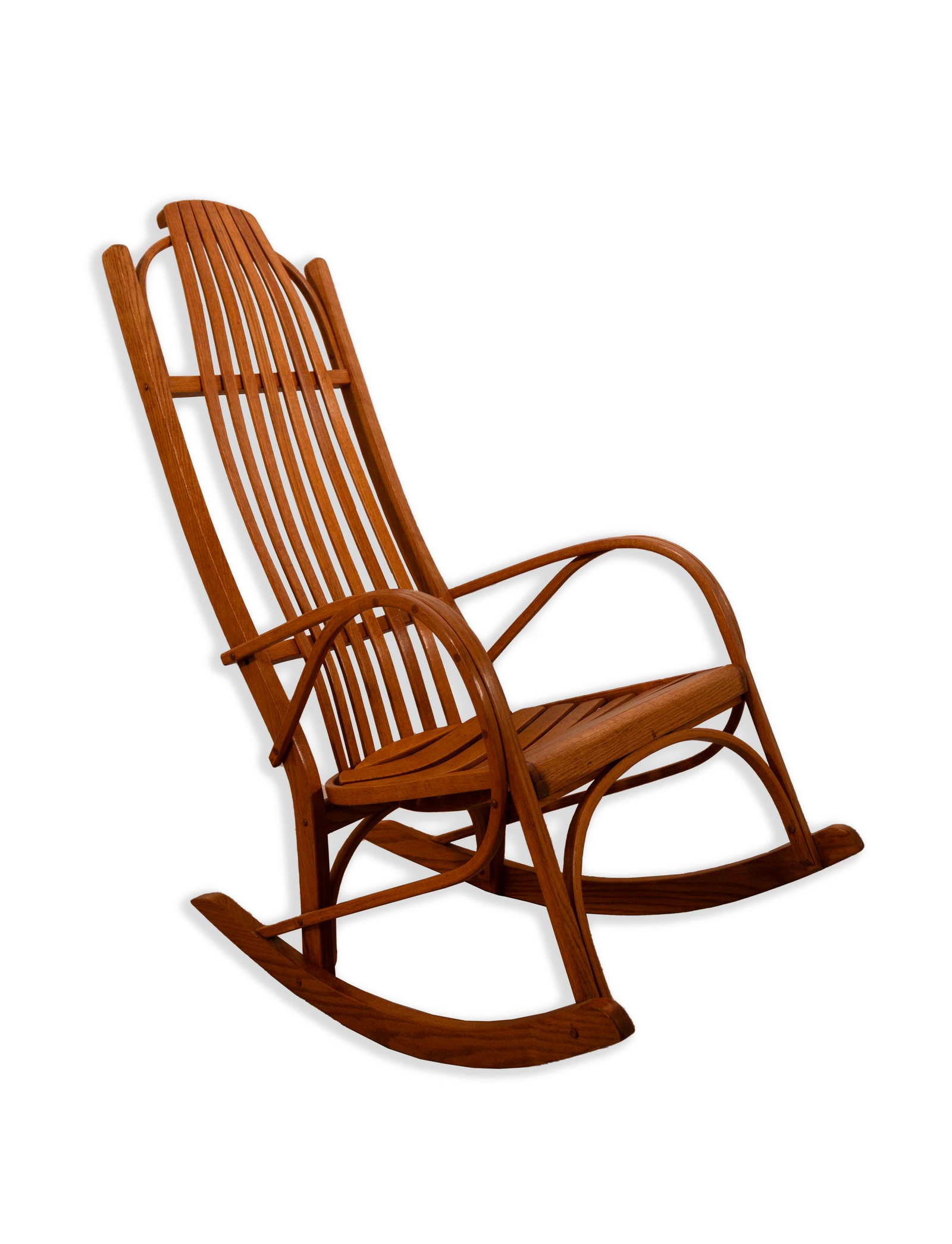 Artisan Hand Carved Wood Contemporary Rocking Chair Made in Traverse City Michigan: A classic artisan hand carved wood contemporary rocking chair. Made in Traverse City, Michigan. Dimensions: 41.5"h x 22"w x 24"d x 23" arm height x 18" seat height x 18" seat depth. In very good condi