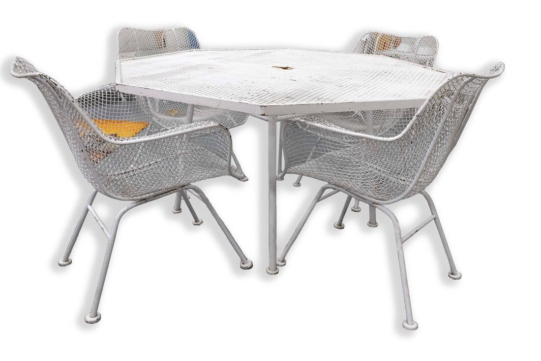 Woodard Sculptura White Hexagon Table and 4 Arm Chairs Mid Century Modern (1 of 10)