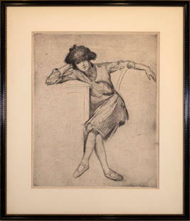 Myron Barlow Seated Girl at Desk Signed Vintage Etching on Paper American Realism 1920s: A sentimental etching on paper depicting a seated girl at a desk by American artist Myron Barlow (1873-1937). Hand signed in pencil on the bottom right. A lovely depiction of American Realism, circa 1