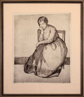 Myron Barlow Seated Woman Signed Vintage Etching on Paper American Realism 1920s: A sentimental etching on paper depicting a seated woman by American artist Myron Barlow (1873-1937). Hand signed in pencil on the bottom right. A lovely depiction of American Realism, circa 1910-1920s