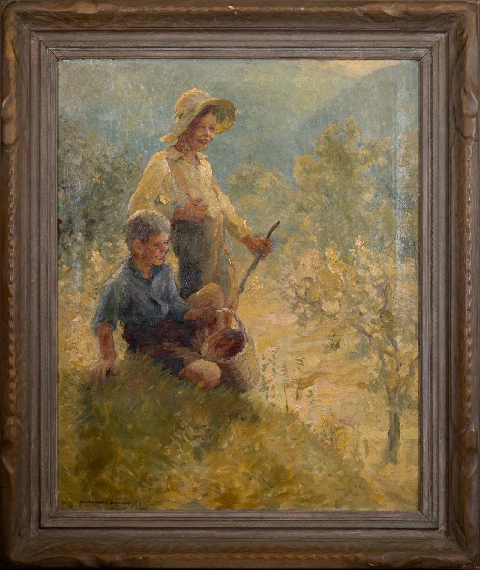 Adam Emory Albright Signed 1916 American Impressionist Oil Painting on Canvas Framed: An endearing example of American Impressionist --; an oil painting on canvas by Adam Emory Albright. Hand signed and dated 1916 on the bottom left. Adam Emory Albright (1862-1957) was a painter of fig