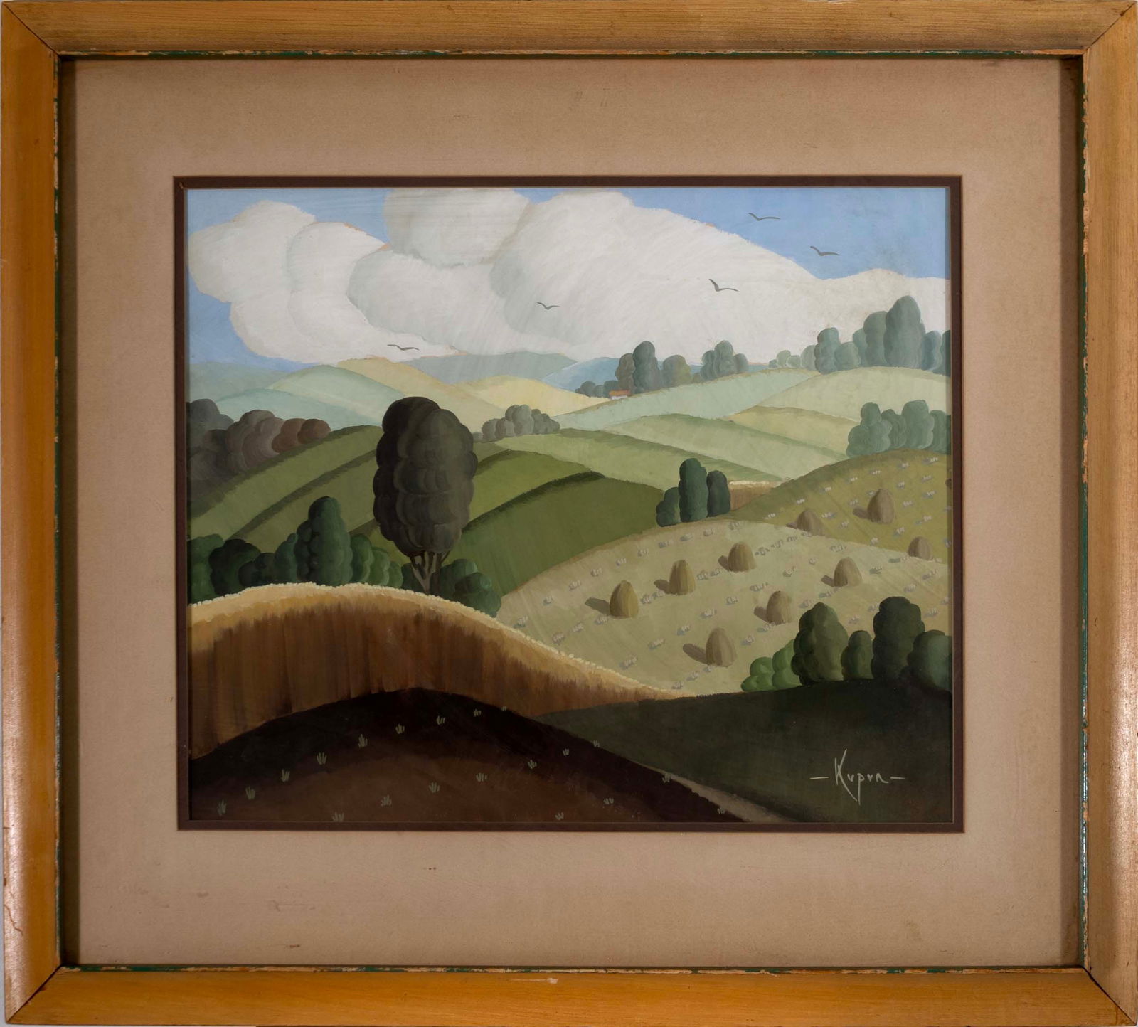 Ruben Kupur Signed Untitled Vintage Art Deco Landscape Gouache Painting on Paper Framed 1930s (1 of 11)