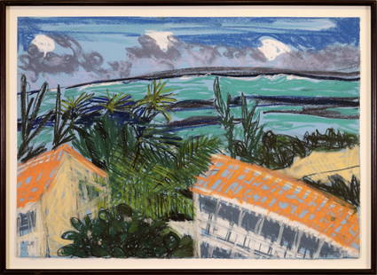 Jennifer Bartlett December-January, Parrot Cay, #23 Signed Pastel Prepared Paper 2000-2001 Framed: A bright and energetic Neo-Expressionist pastel drawing on prepared paper titled "December-January, Parrot Cay, #23" by Jennifer Barlett. Signed on verso. Created 2000-2001. Original gallery tag from