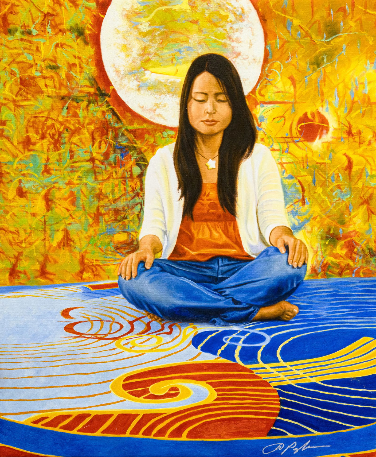 Dominic Pangborn Namaste Signed Unique Mixed-Media Acrylic Painting on Stretched Canvas 2000s: "Namaste" by international artist Dominic Pangborn is a serene and spiritually resonant mixed-media acrylic painting, capturing a moment of meditation and introspection. The subject is depicted in a t
