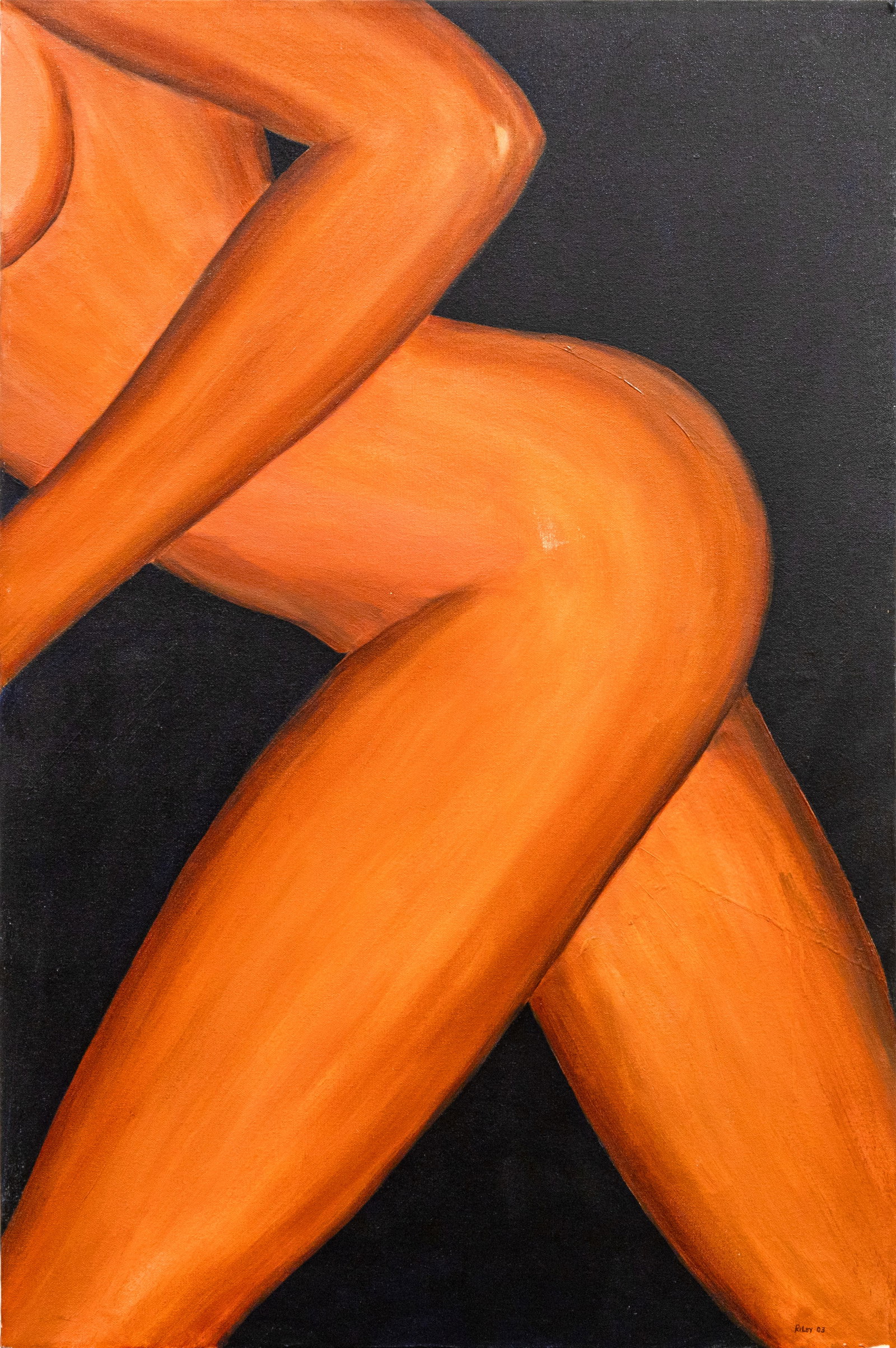 Richard Riley Contemporary Female Form Nude Oil Painting on Stretched Canvas Signed 2003: A dramatic contemporary female form nude oil painting on canvas, this piece is one of a series of three. Signed on verso "R. Riley" and dated 2003. A bold statement with the body contrasted on stark b