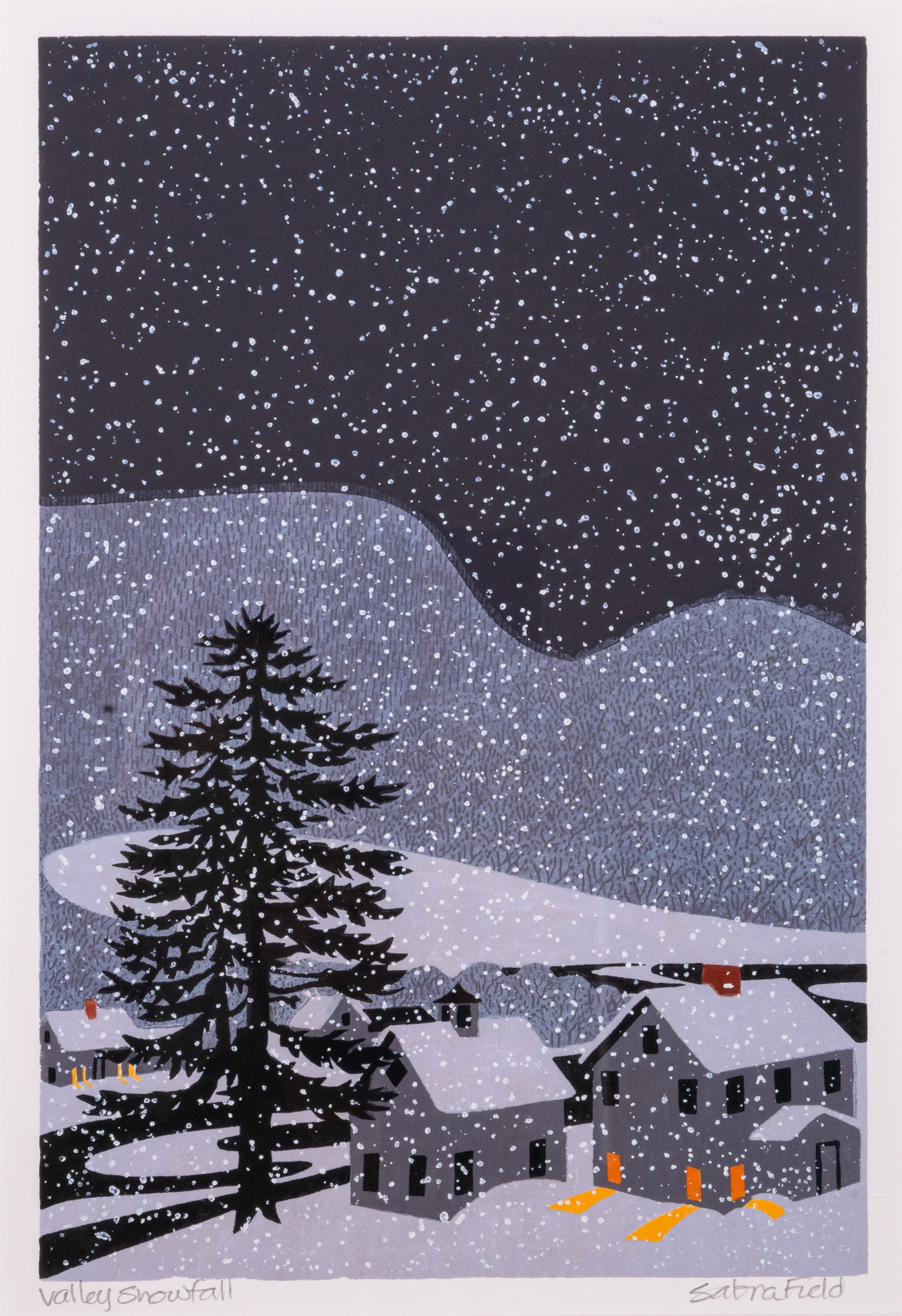 Sabra Field Snow Snowfall Signed Vintage Modern Landscape Woodcut on Paper Framed 1980s (1 of 11)