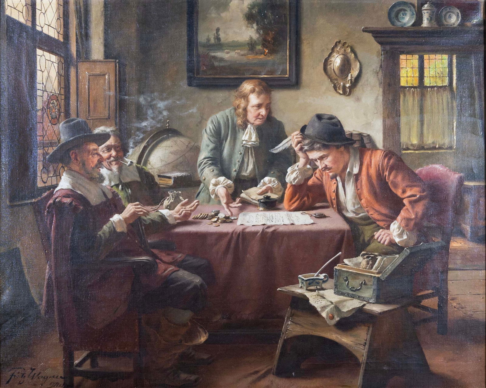 Fritz Wagner Signed German Genre Tavern Scene 20th Century Antique Oil Painting on Canvas Framed (1 of 14)