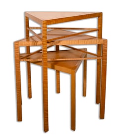Ralph Rye Kite Tables Signed Set of Three Postmodern Nesting Tables Curly Maple Wood 2005