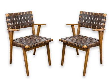 Pair of Modernist Jens Risom Danish Style Walnut Armchairs Woven Leather Strap Construction 1960s