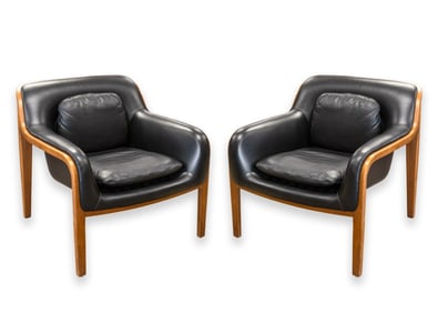 Pair of Bill Stephens for Knoll Black Leather and Wood Mid Century Armchairs