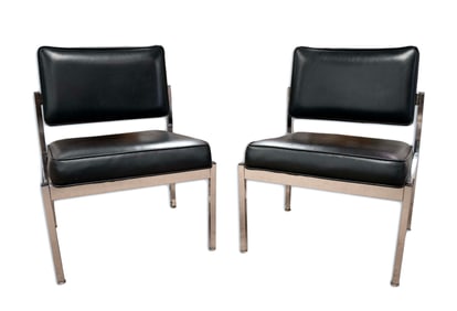 Pair of Florence Knoll Slipper Chairs in Black Leather Brushed Stainless Steel Frame 1960s