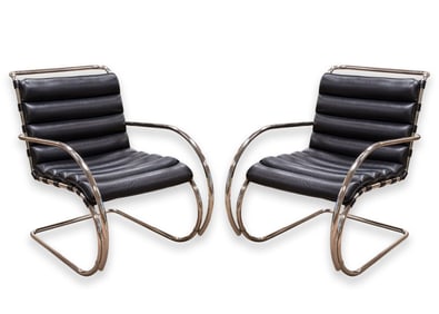 Pair of Mies van der Rohe Mid Century Modern Black Leather MR Lounge Chairs
