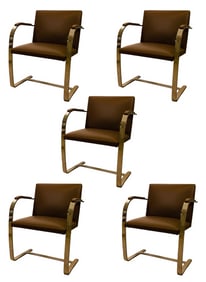 New Contemporary Set of 5x Knoll Brown Leather & Chrome BRNO Chairs w/ Arm Pads