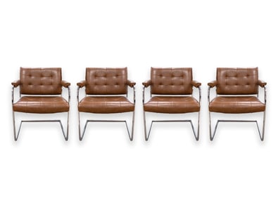 Set of 4 Patrician Mid Century Modern Brown Leather Chrome Cantilever Chairs