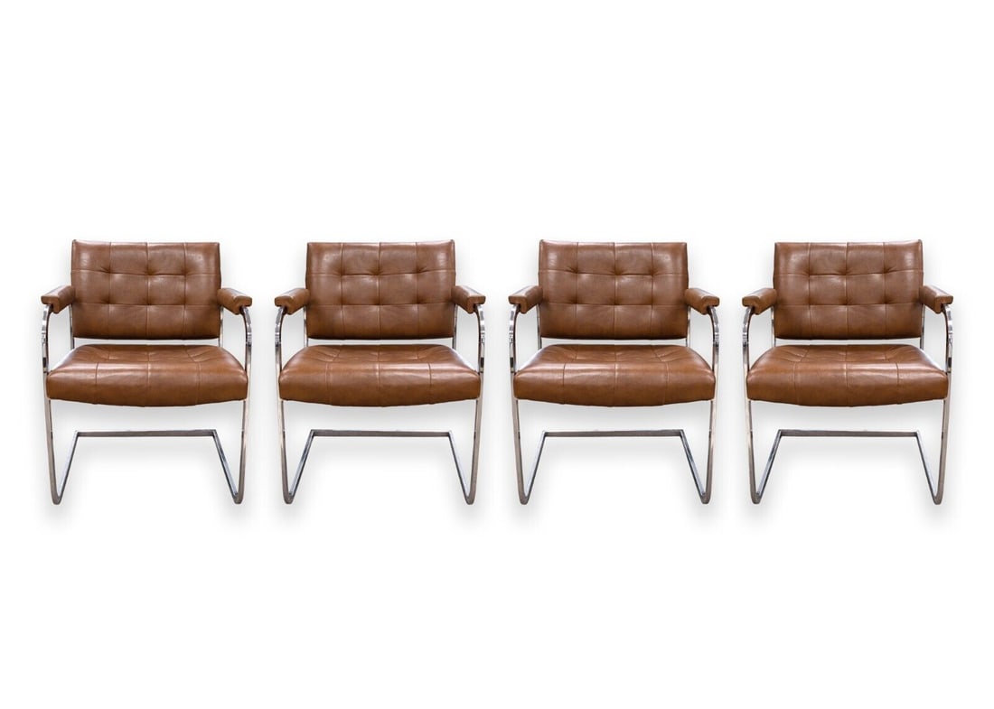 Set of 4 Patrician Mid Century Modern Brown Leather Chrome Cantilever Chairs (1 of 13)