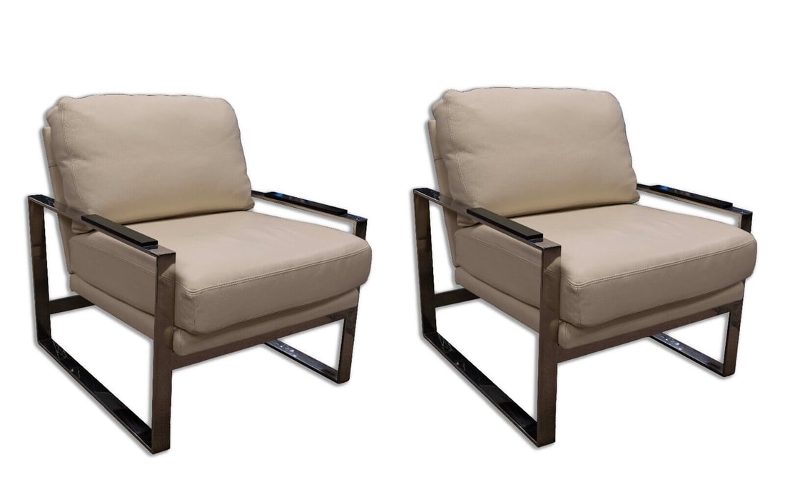Michael Weiss Modernism Collection Vanguard Furniture Pair of Chairs: Presented is a pair of Cy Mann style chairs, part of the Modernism Michael Weiss Collection by Vanguard Furniture. These chairs boast a contemporary design with a sleek combination of off white uphols