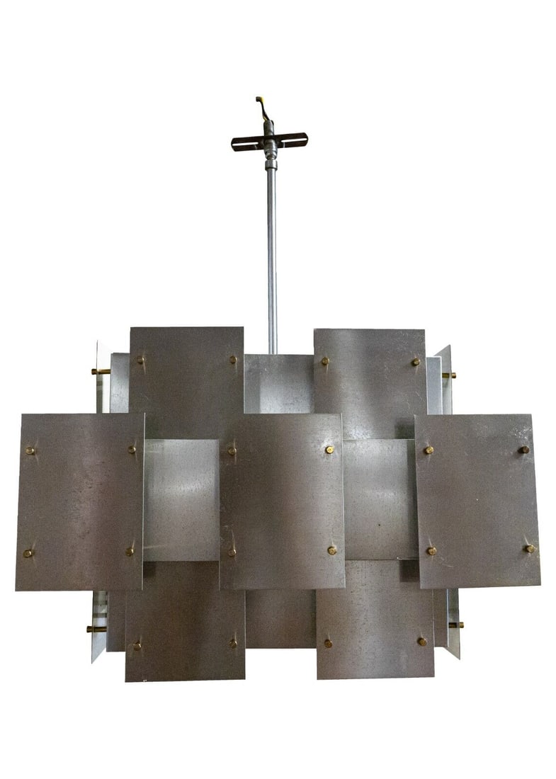 Robert Sonneman Cityscape Brutalist Brushed Steel Chandelier Vintage Mid Century: A Robert Sonneman cityscape brutalist brushed steel chandelier. This stunning chandelier is a great showcase of brutalist design in a lighting fixture. This piece is quite large and really demands a p