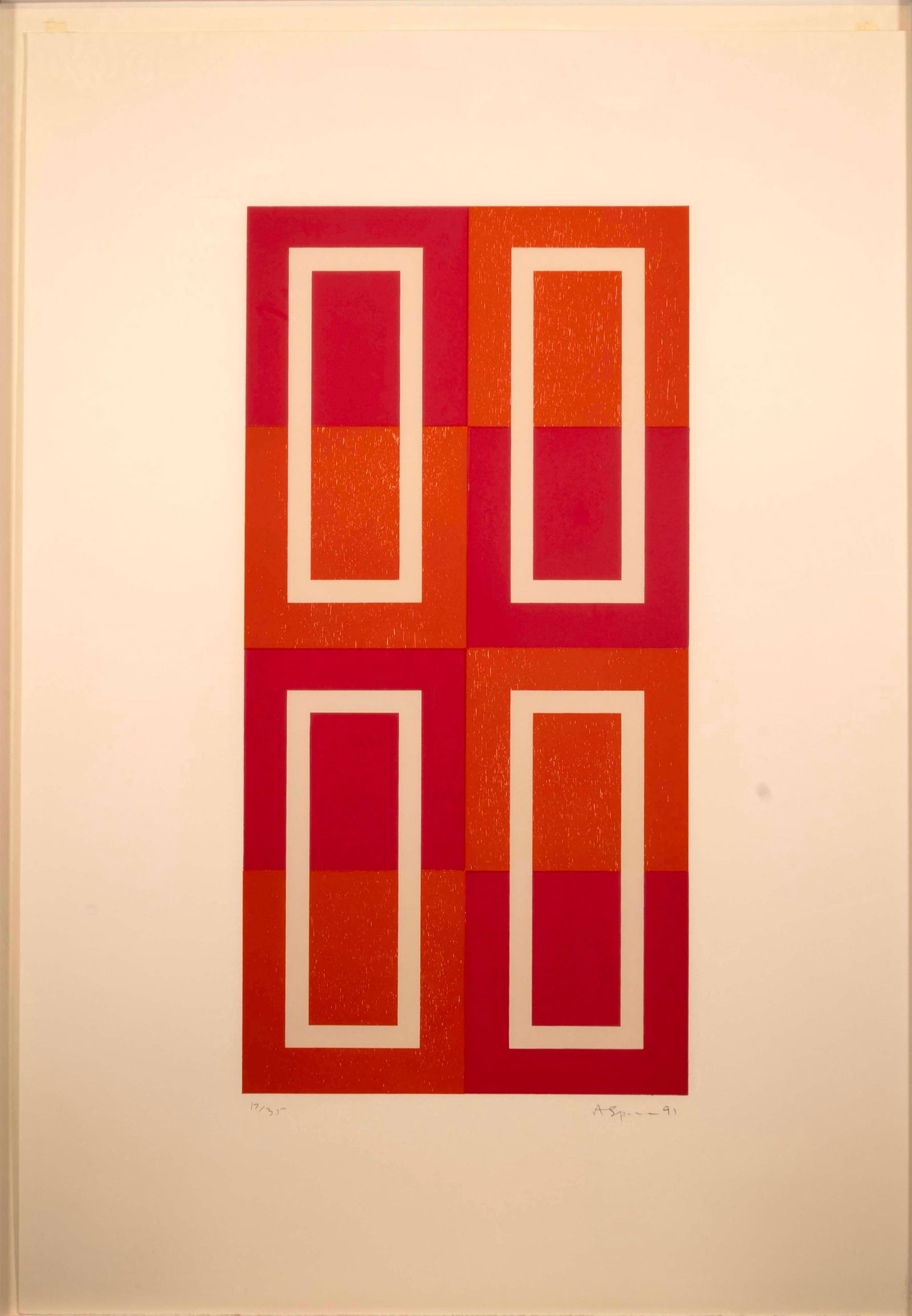 Andrew Spence Untitled Door Signed Contemporary Woodcut & Linocut on Paper 17/35 Framed 1991: A minimal contemporary woodcut and linocut on paper "Untitled (Door)" by Andrew Spence. Hand signed in pencil on the bottom right and dated 1991 with an annotation of 17/35 on the bottom left. In this