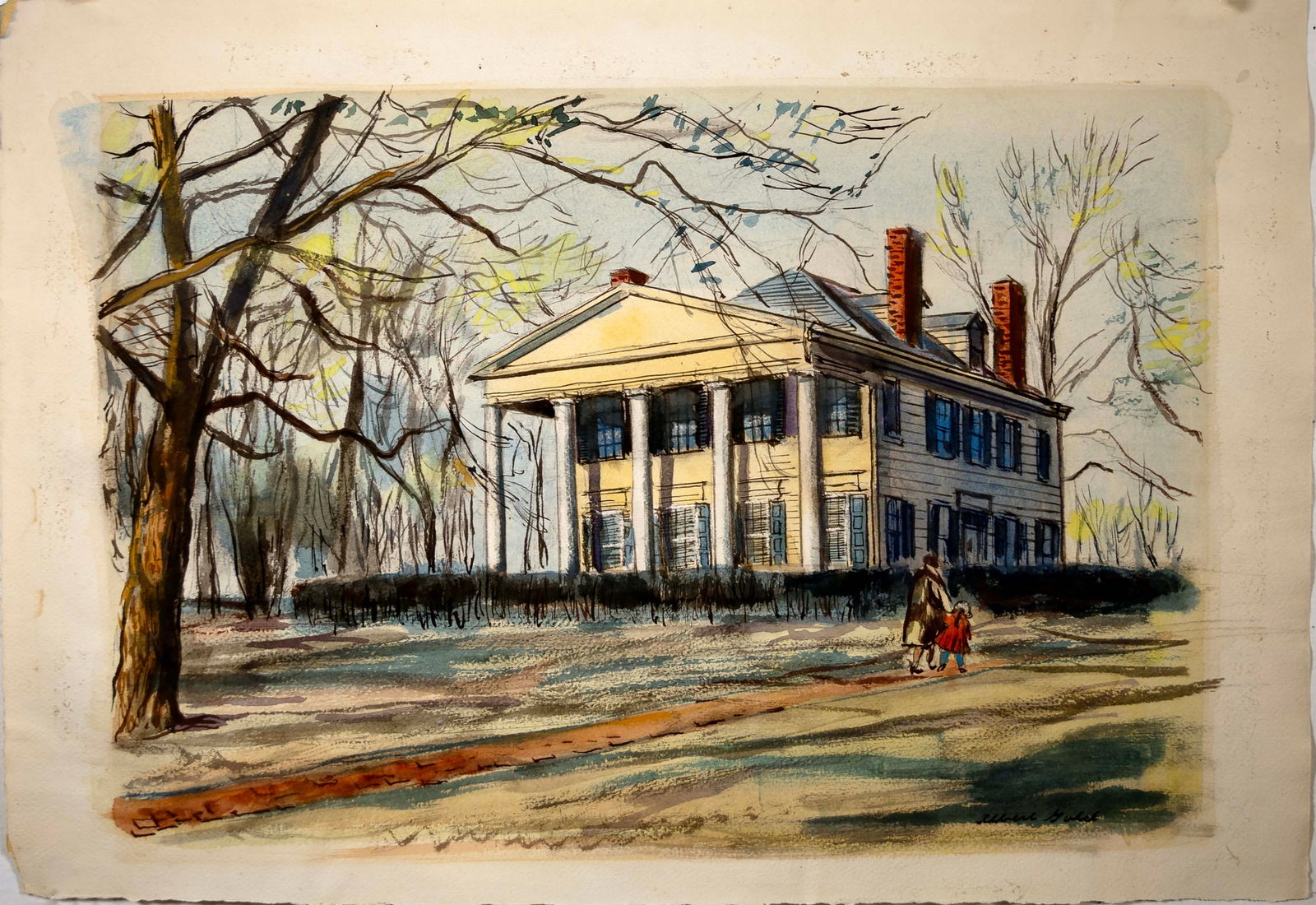 Albert Gold Colonial Signed Home I American Realism Watercolor on Paper Unframed 1950s (1 of 9)