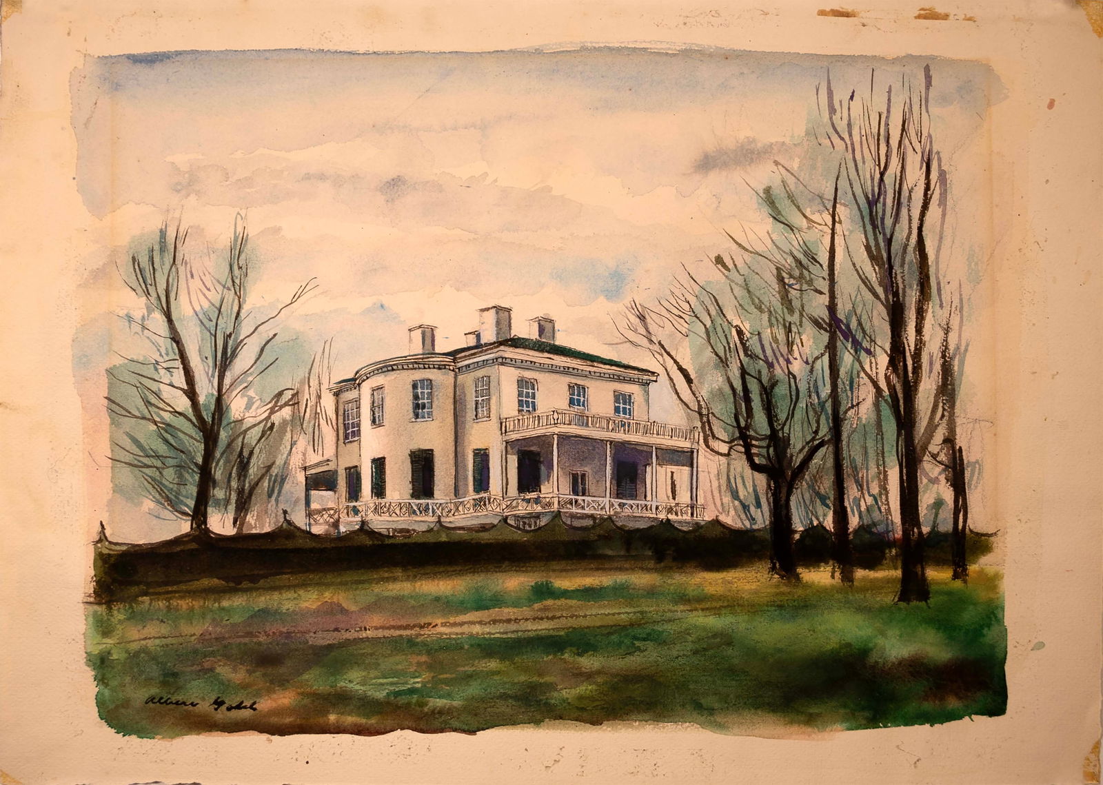Albert Gold Colonial Home II Signed American Realism Watercolor on Paper Unframed 1950s (1 of 9)