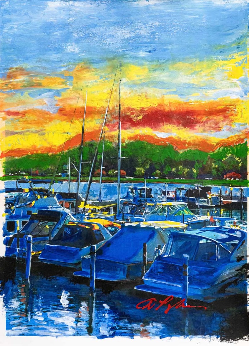 Dominic Pangborn Red Sky at Night, Sailor's Delight Signed Unique Acrylic Painting Unframed (1 of 5)