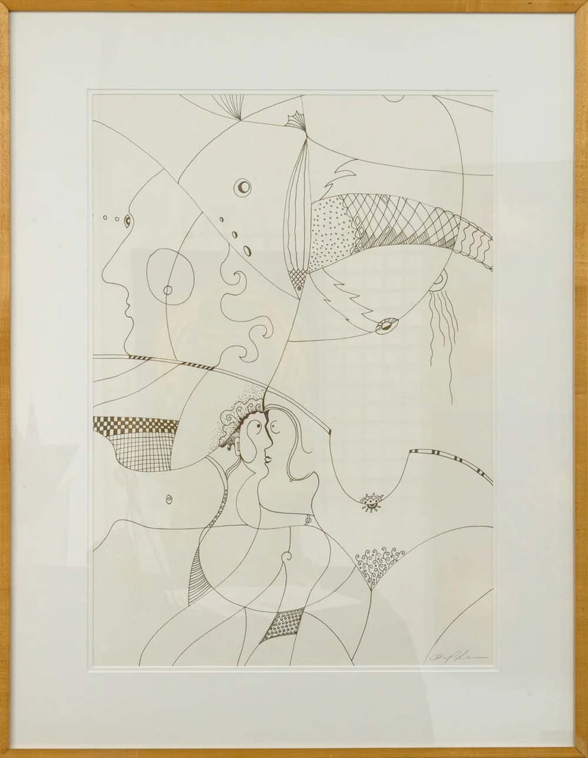 Dominic Pangborn Whimsical Lines Ink on Paper Signed Unique Cubist Drawing on Paper (1 of 5)