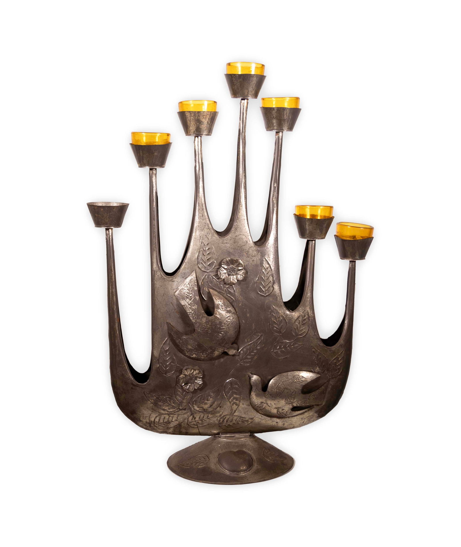 Modernist Gene Bryon Brutalist Hammered Tin Candelabra with Peace Dove & Flower Design 1968 (1 of 12)