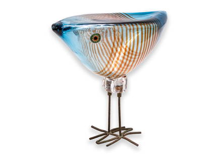 Alessandro Pianon for Vetreria Vistosi Murano Pulcino Glass Bird Modernist Sculpture Italy 1960s: A modernist glass "Pulcino" bird sculpture by Alessandro Pianon for Vetreria Vistosi in Murano, Italy. Produced 1960s. The glass cased body in blue with orange stripe design and applied millefiori eye